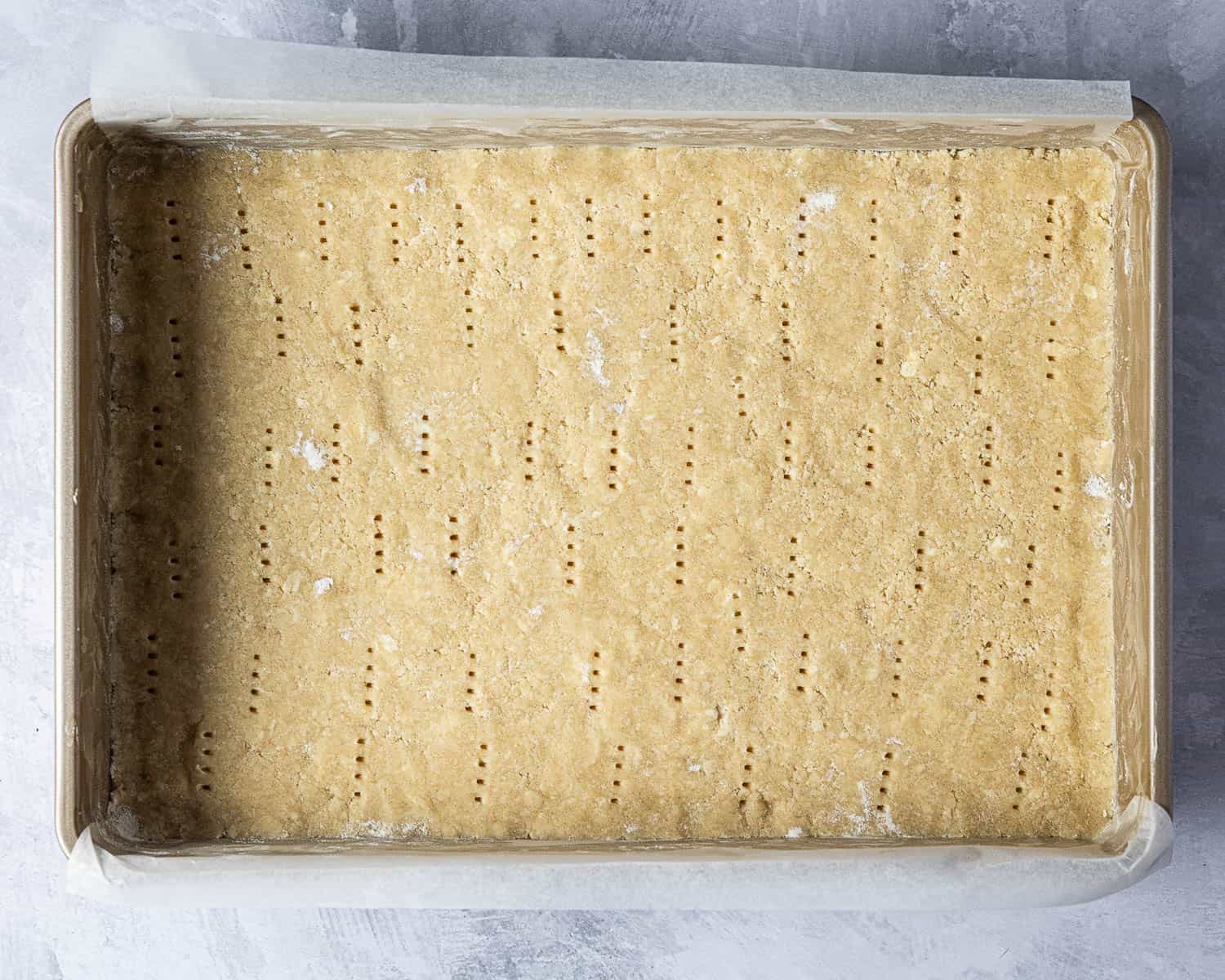 Step 3, the unbaked shortbread base.