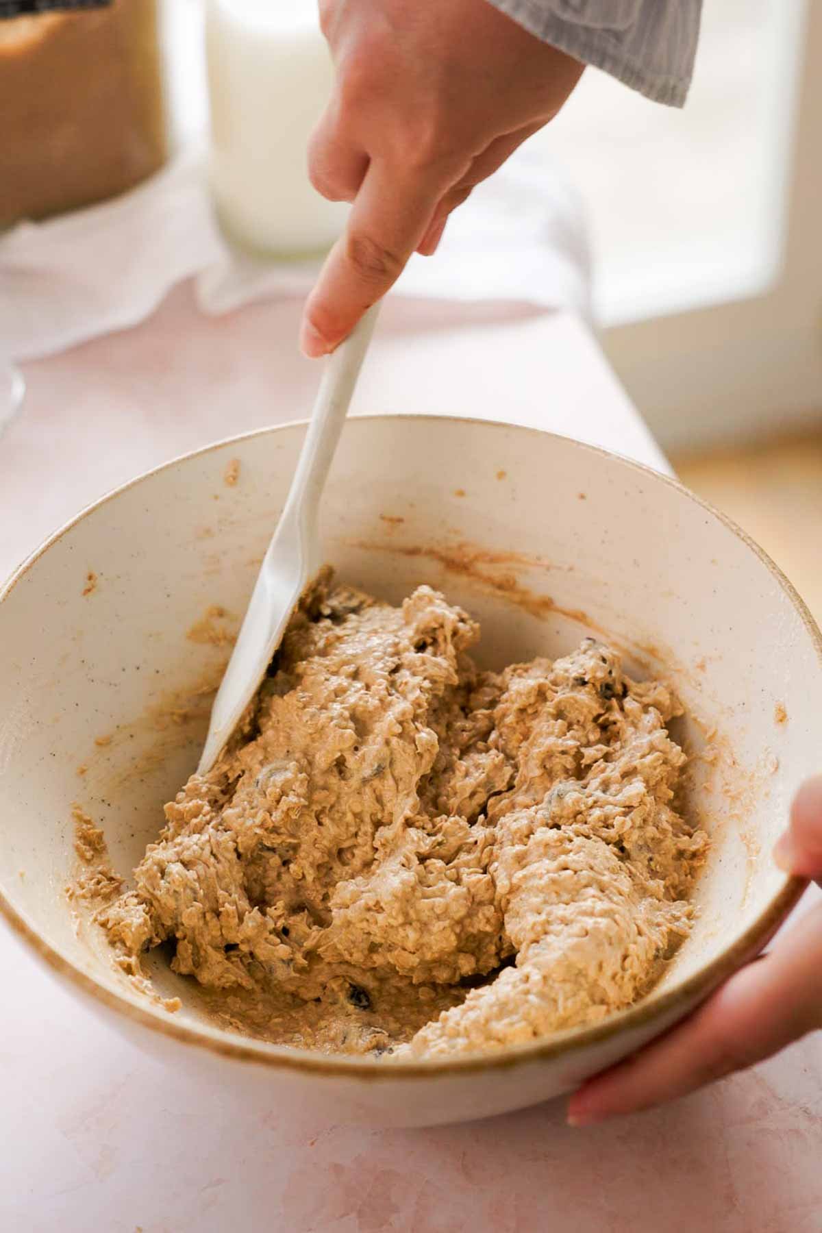 oatmeal raisin cookie dough in large bowl