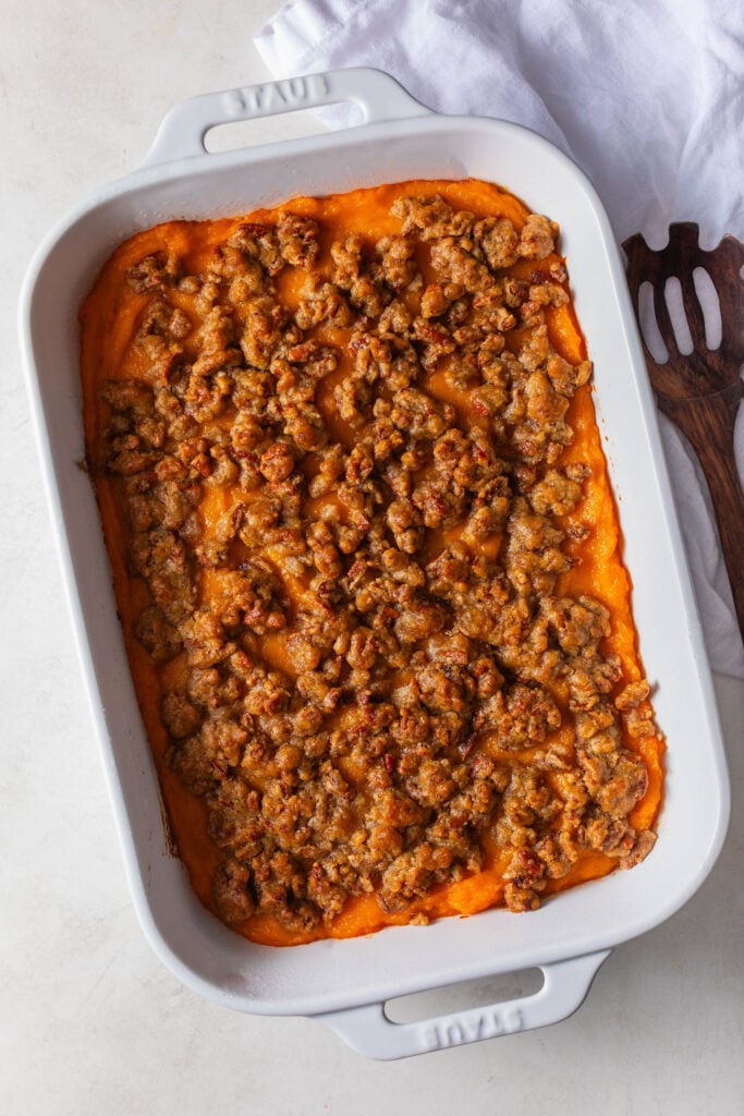 old fashioned sweet potato casserole with streusel pecan topping
