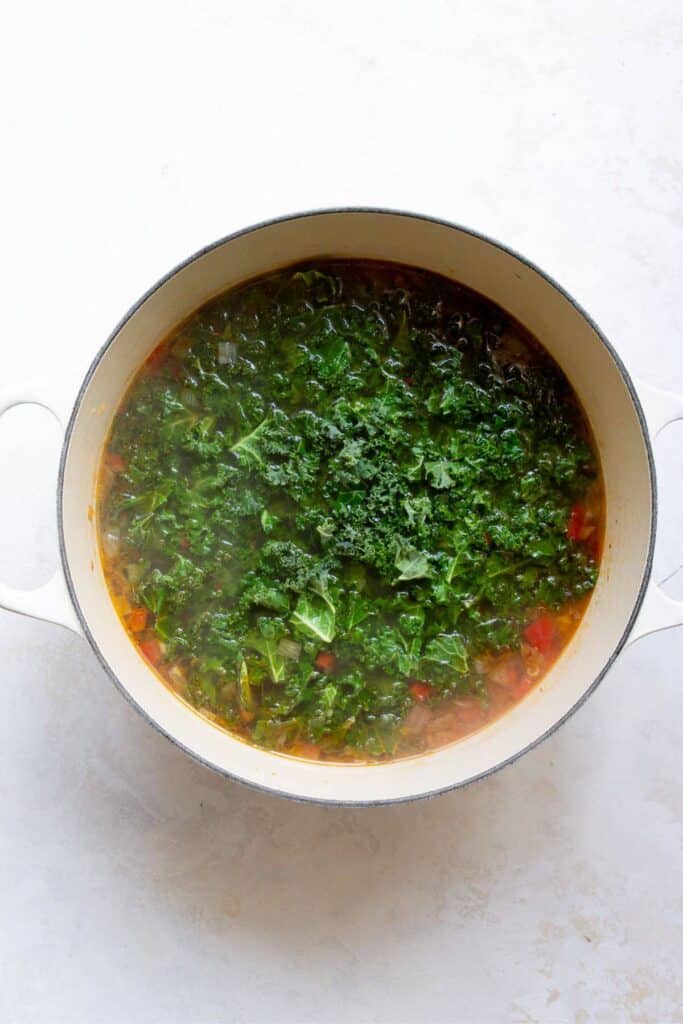 adding chopped kale to wilt in the soup