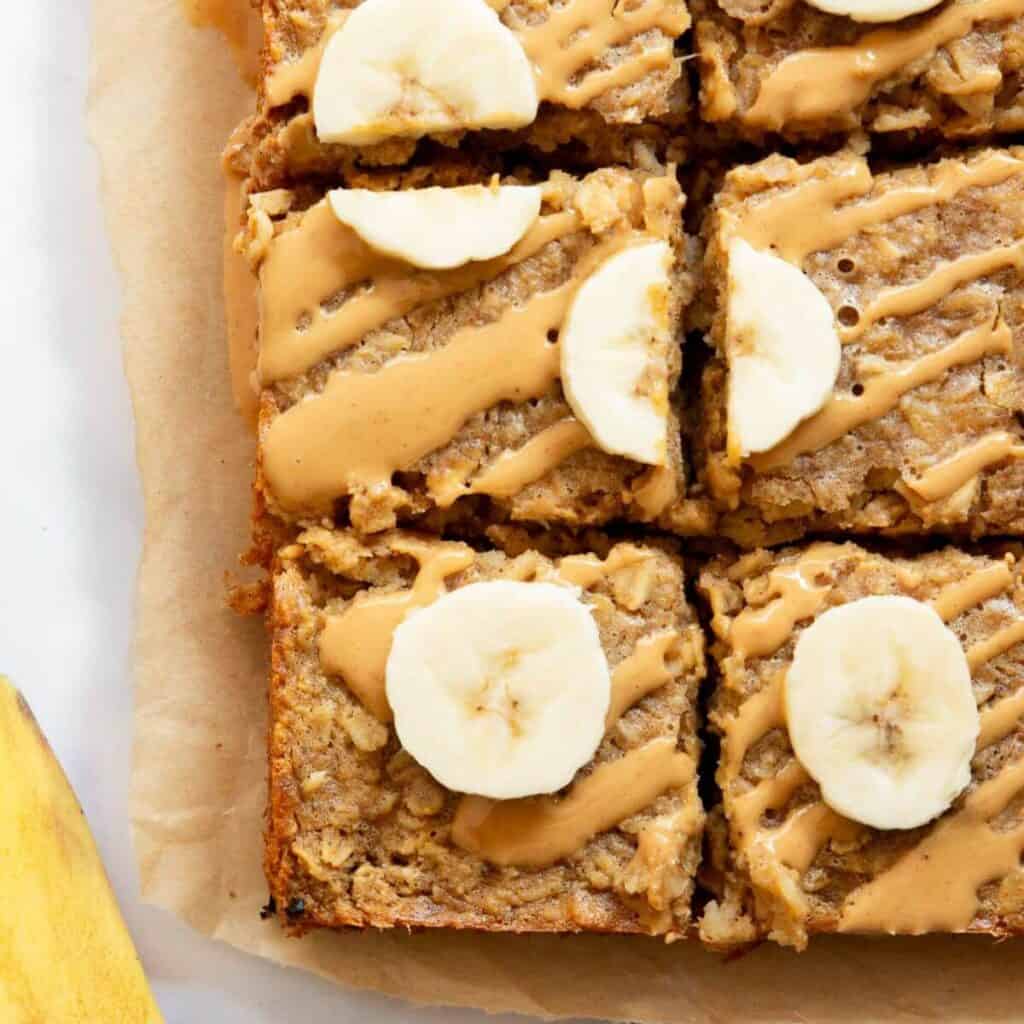Healthy, fluffy, easy peanut butter banana baked oatmeal.