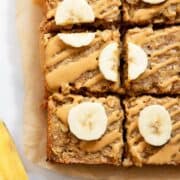 Healthy, fluffy, easy peanut butter banana baked oatmeal.