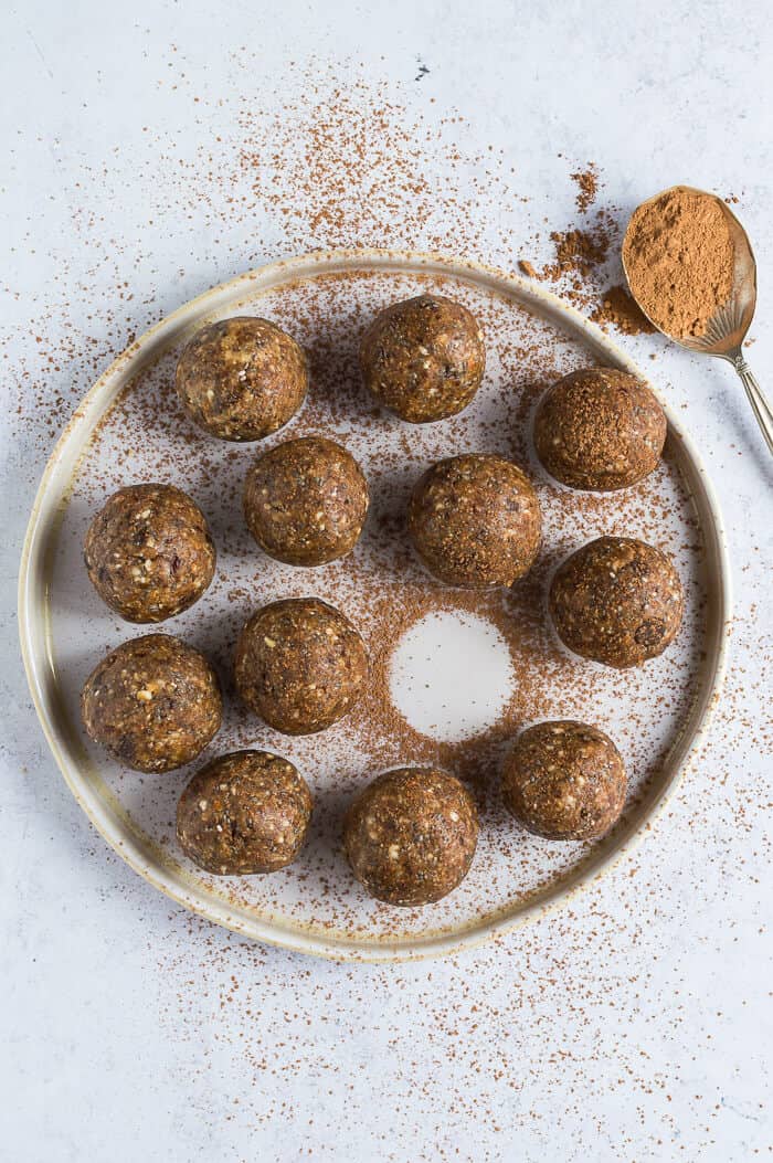A plate of peanut butter chocolate chip energy bites dusted with cacao powder on a grey background.