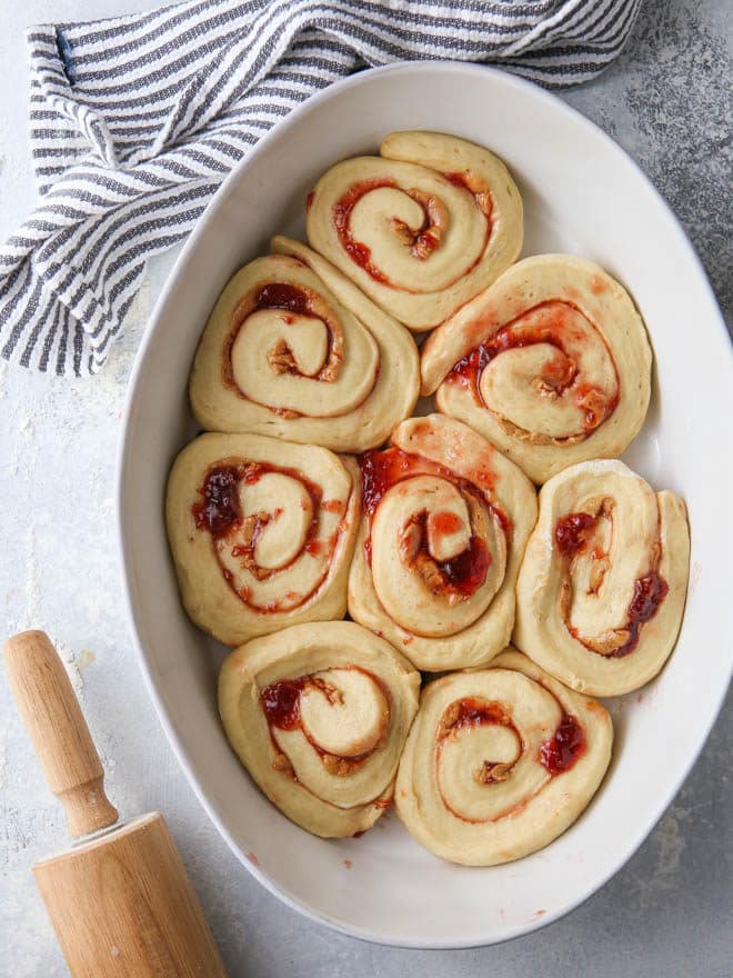 Peanut butter and jam sweet rolls ready for the oven