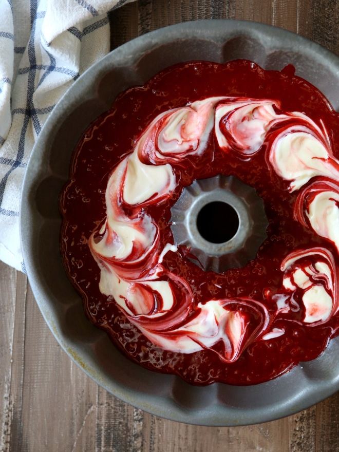 Peppermint Red Velvet Bundt Cake with Cream Cheese Filling and White Chocolate Ganache | completelydelicious.com
