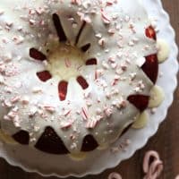 Peppermint Red Velvet Bundt Cake with Cream Cheese Filling and White Chocolate Ganache | completelydelicious.com
