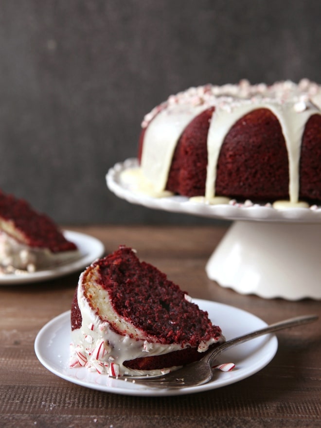 Peppermint Red Velvet Bundt Cake with Cream Cheese Filling and White Chocolate Ganache | completelydelicious.com