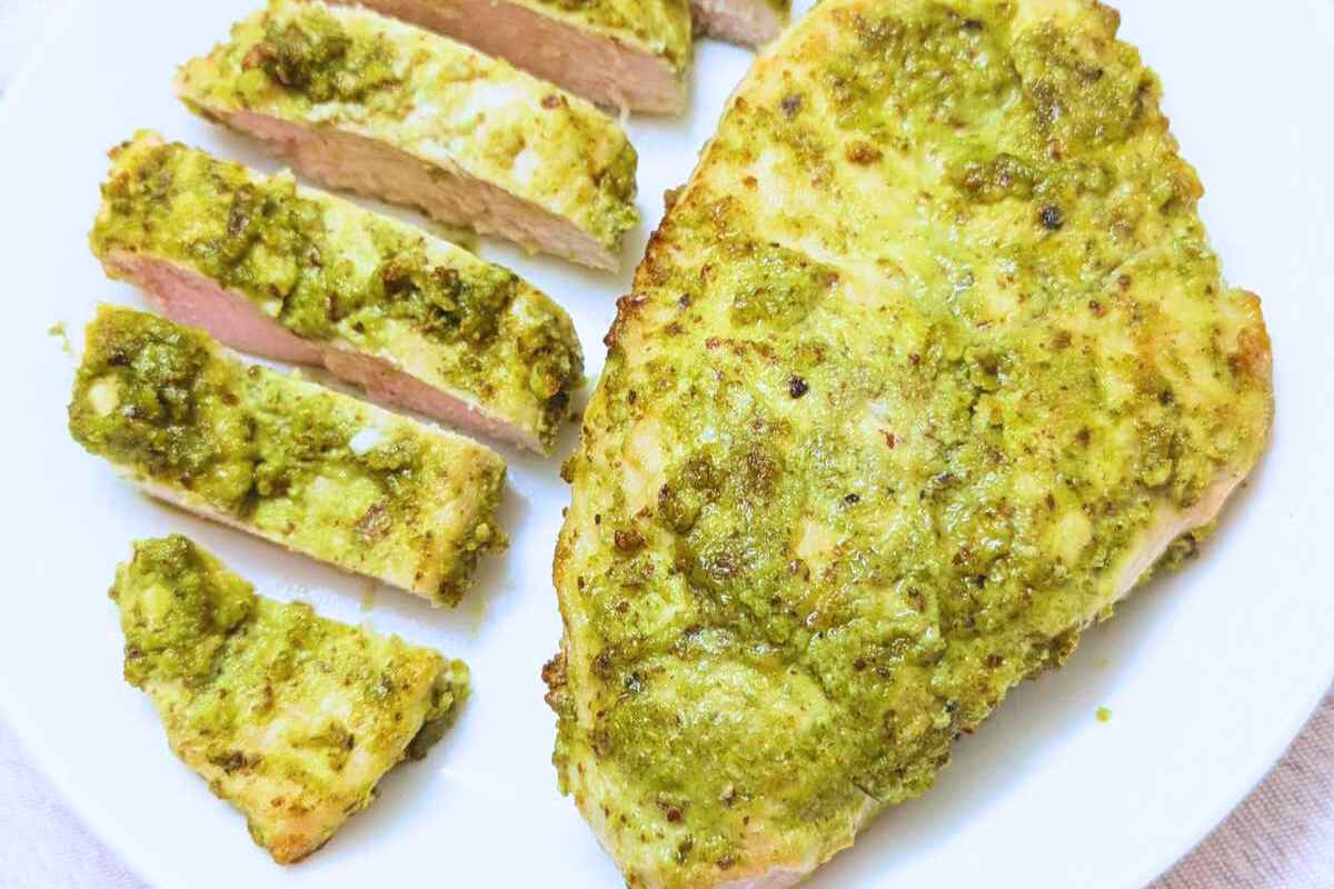 Pesto chicken served on a plate