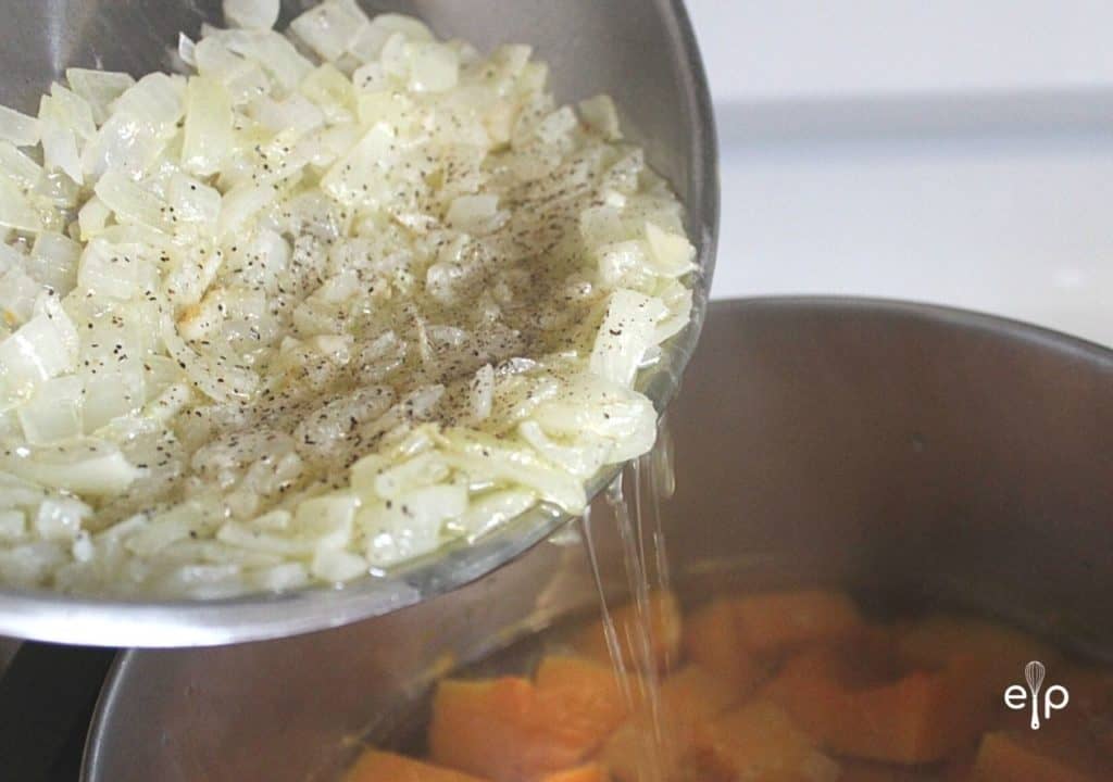 cooked onion and garlic in butter for butternut squash soup