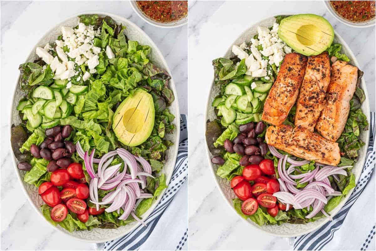 Topping the prepared grilled salad with salmon.