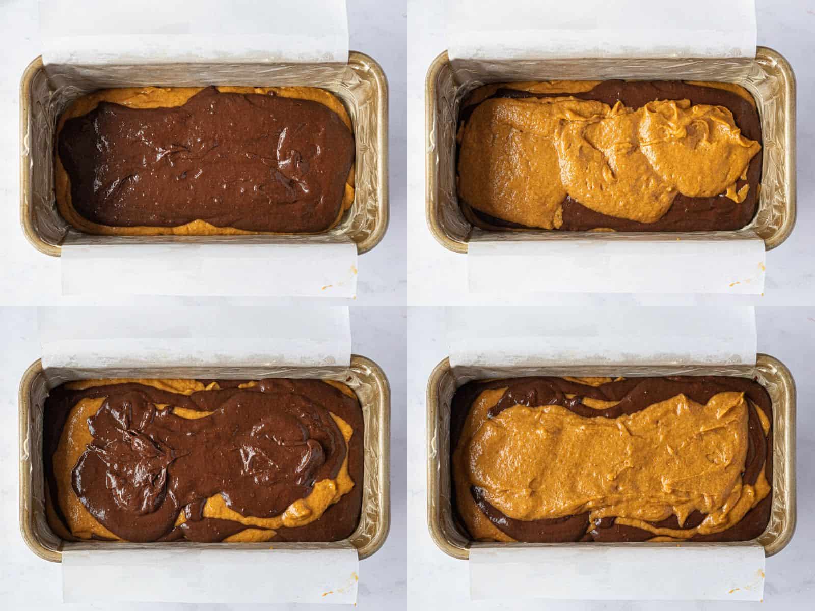 Step 4, a four image collage showing the batter being layered in the tin.