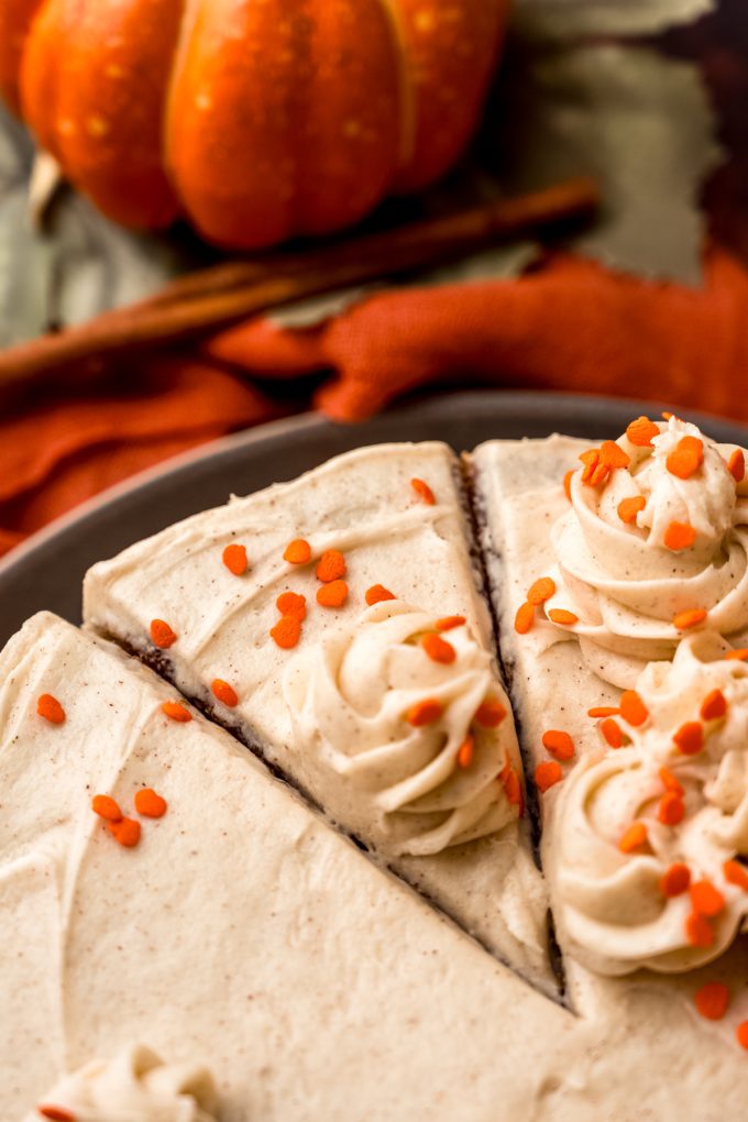 A pumpkin cake on a platter.