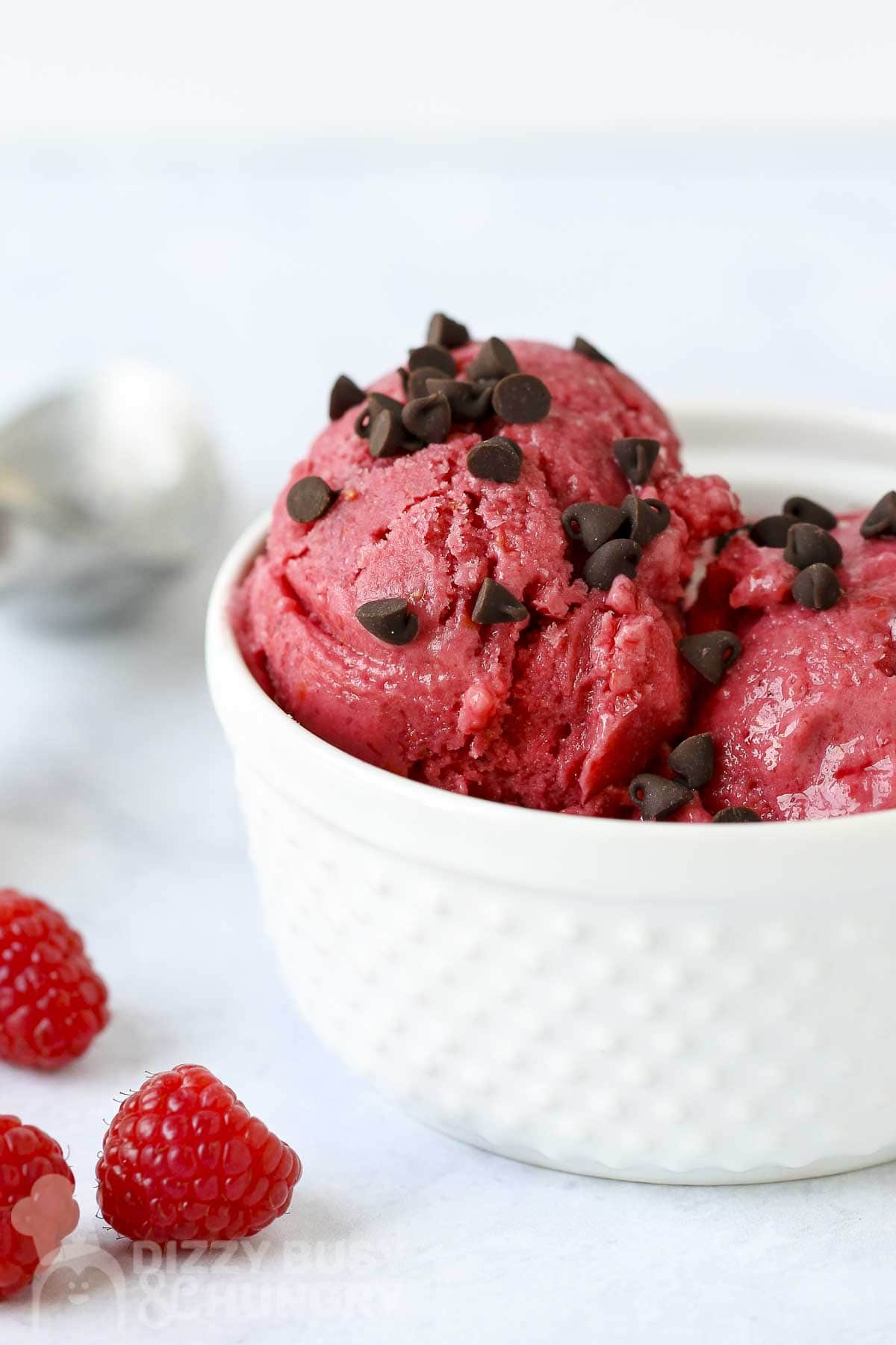 Side shot of raspberry frozen yogut with chocolate chips in a white bowl with raspberries on the side.