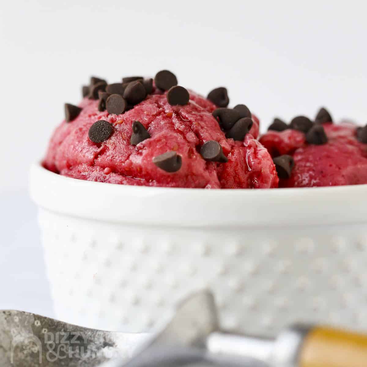 Side shot of raspberry frozen yogut with chocolate chips in a white bowl.