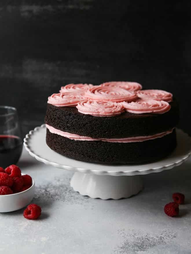 Red Wine Chocolate Cake with Raspberry Buttercream | completelydelicious.com
