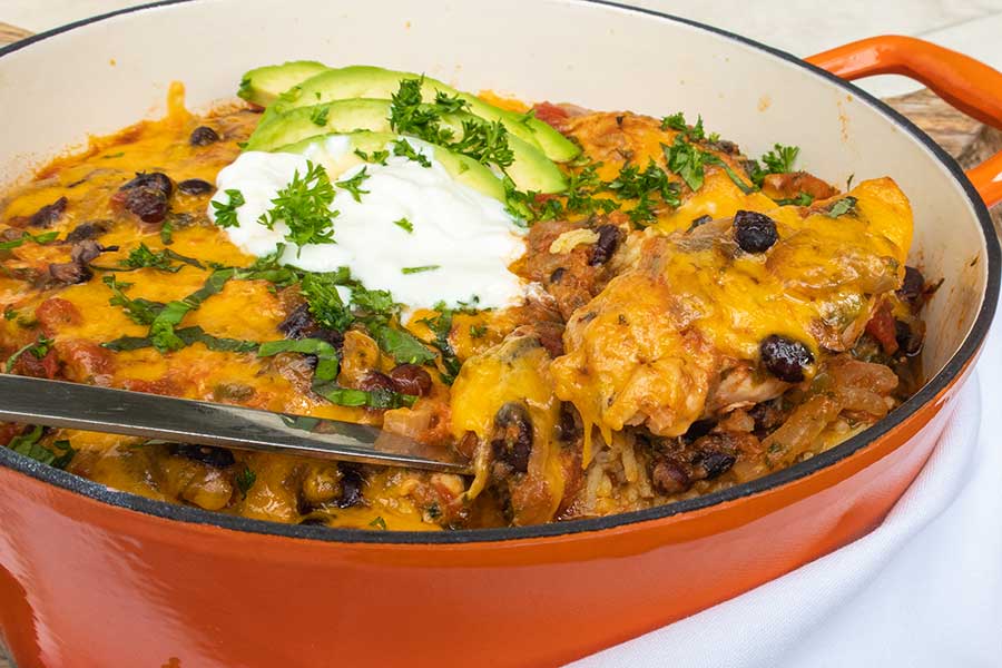  salsa verde chicken in a casserole dish