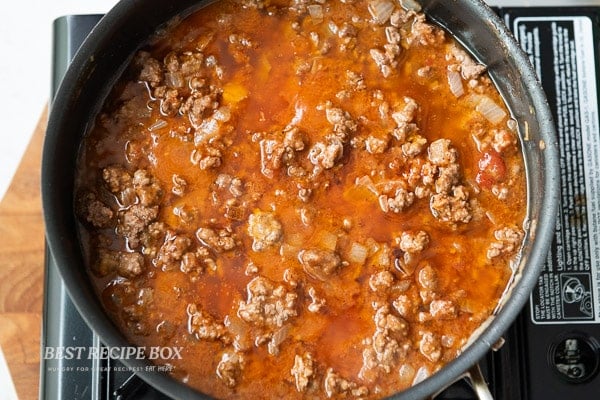 simmering pot of sloppy Joe meat mix