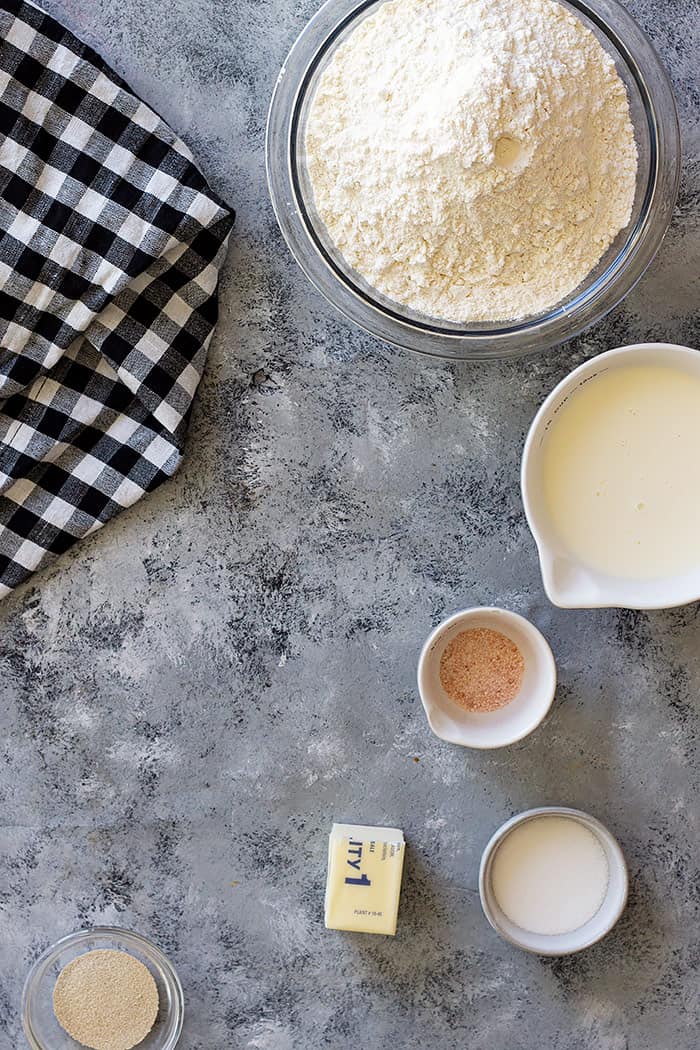 Top down view of bread ingredients.