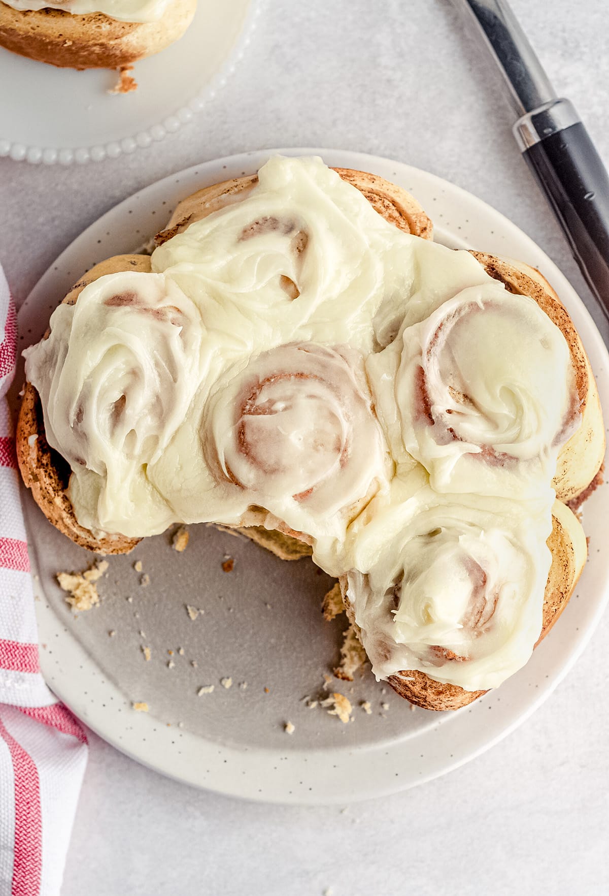 aerial photo of sourdough cinnamon rolls on a plate