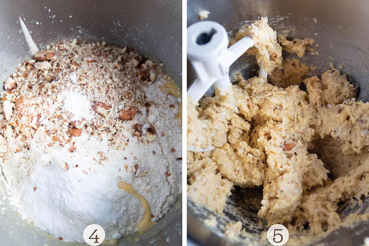 Dry ingredients being added into wet ingredients then the dough mixed up. 