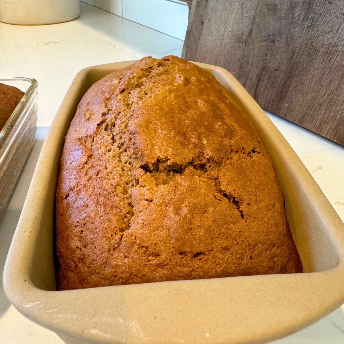 sourdough pumpkin bread baked and done in the loaf pan