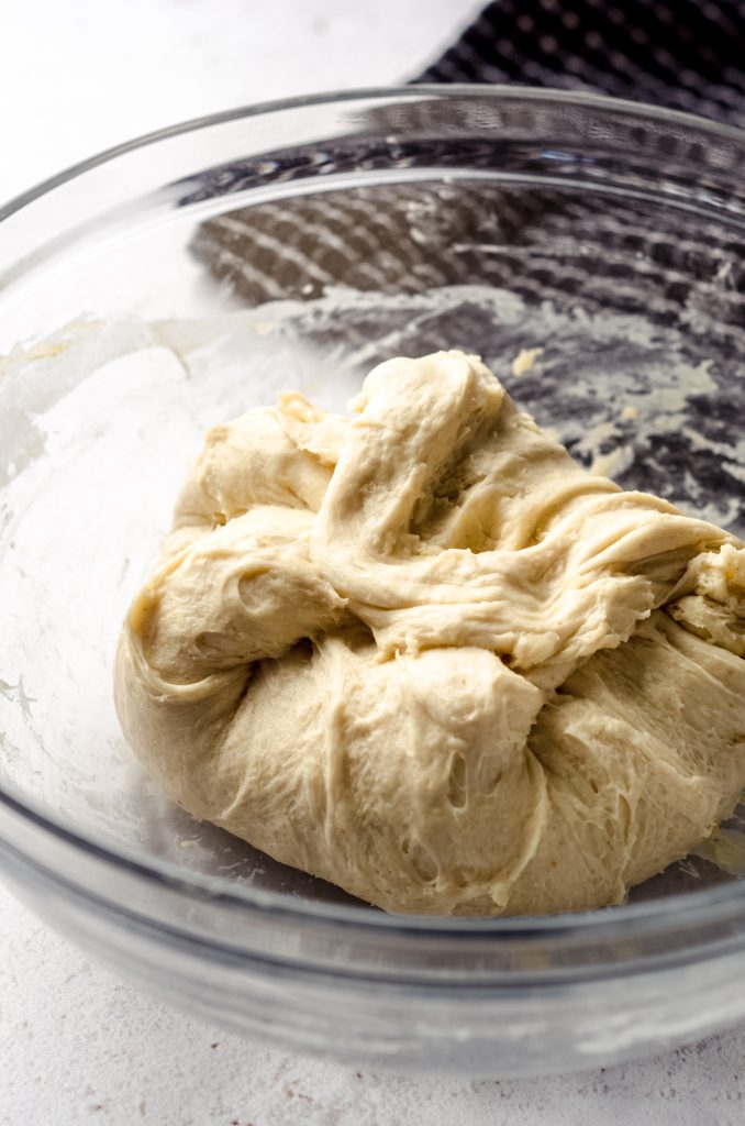 A sourdough dough that has been stretched and folded.
