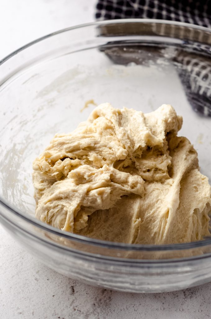 A sourdough dough that has been stretched and folded.