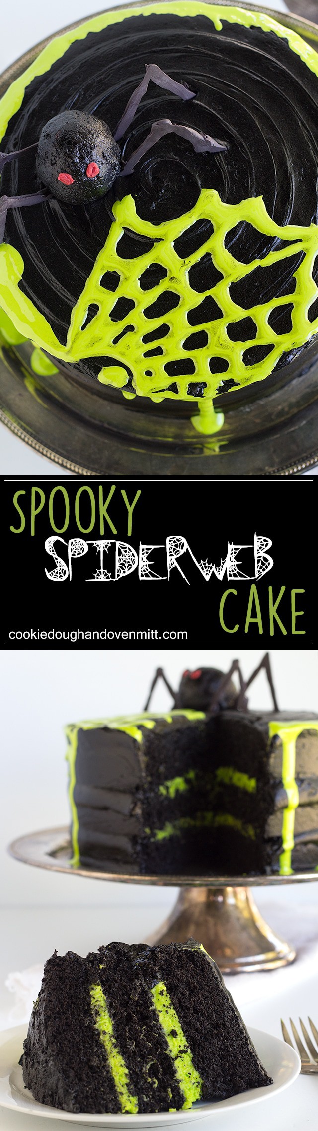 Spooky Spiderweb Cake - the perfect chocolate Halloween cake with black chocolate frosting and toxic green fluff sludge. It should be at all the parties!