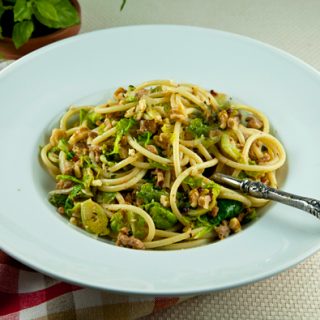 Bucatini With Brussels Sprouts, Sausage, & Gorgonzola Cheese