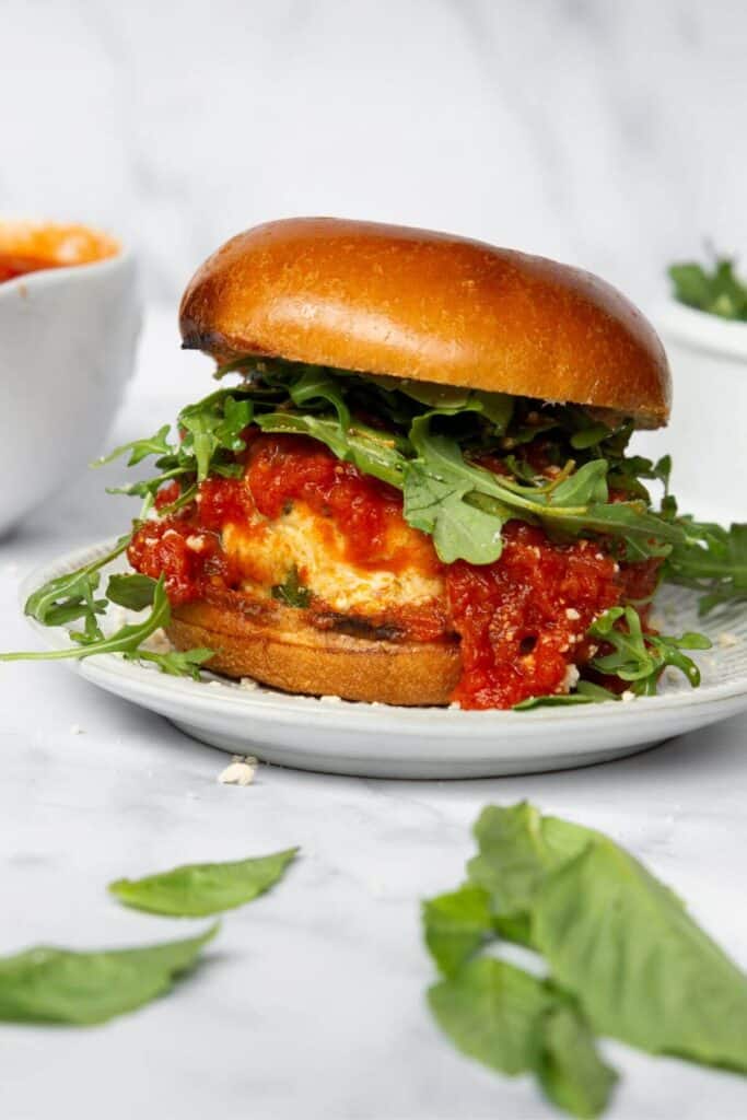 chicken parmesan burger stuffed with mozzarella cheese