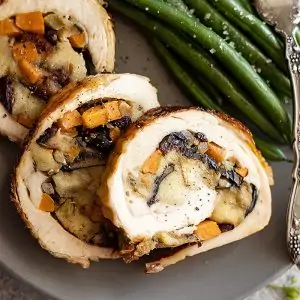 Overhead close up shot of slices of stuffed turkey breast. Showing all the sweet potatoes, stuffing, and dried cranberries!