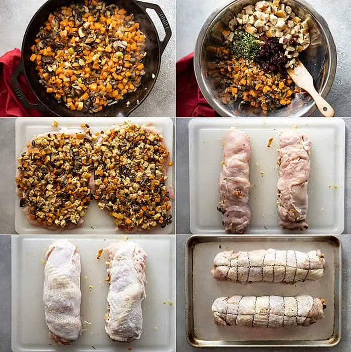 Six pictures showing the steps on how to make this stuffed turkey roll.