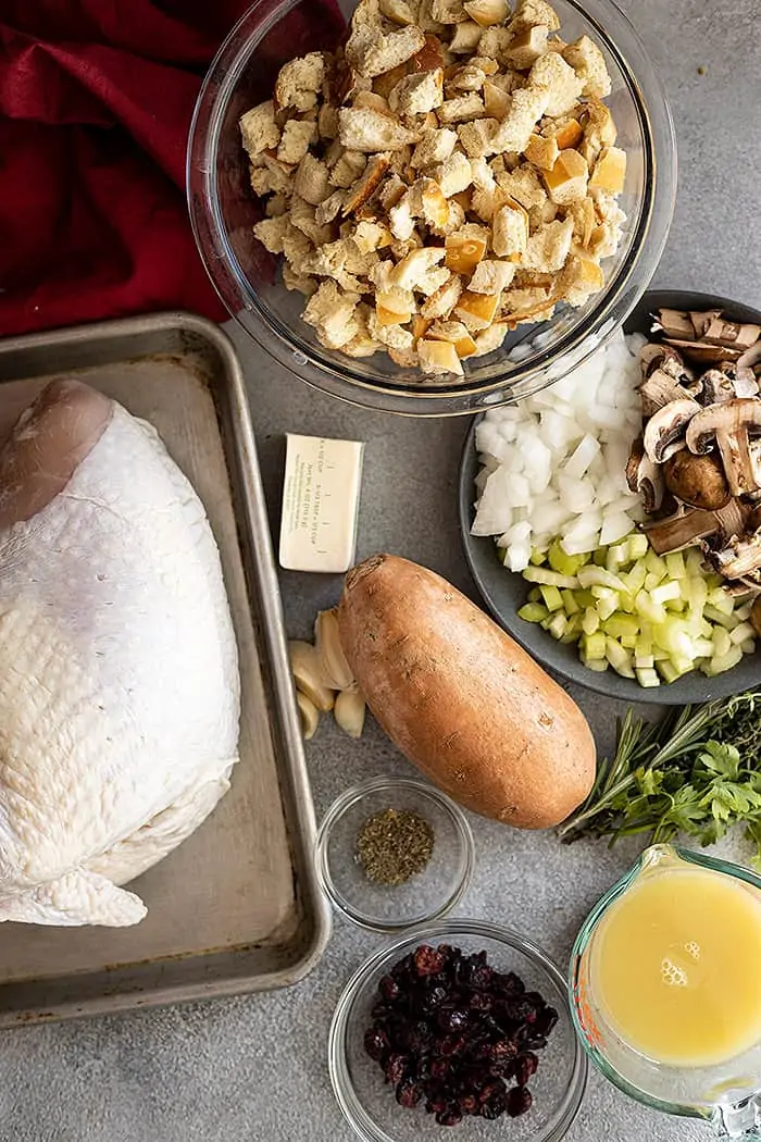 Ingredients needed to make this delicious sweet potato and stuffing turkey roulade.