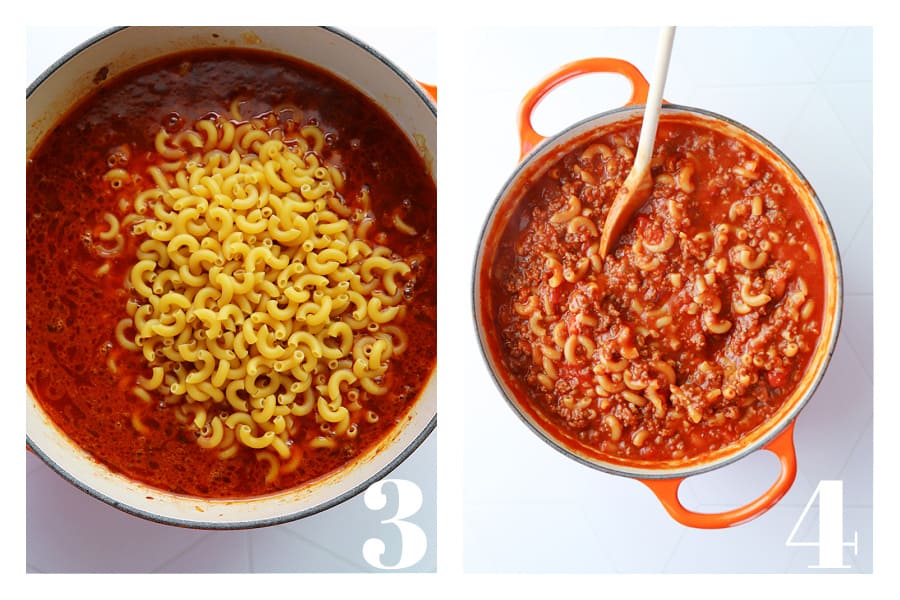 Macaroni noodles added to the pot and cooked meat and pasta in a Dutch oven.