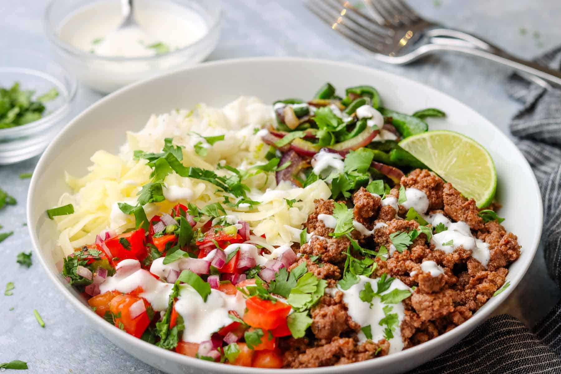 a rice bowl with ground beef, pico de gallo, sour cream, and cheese.