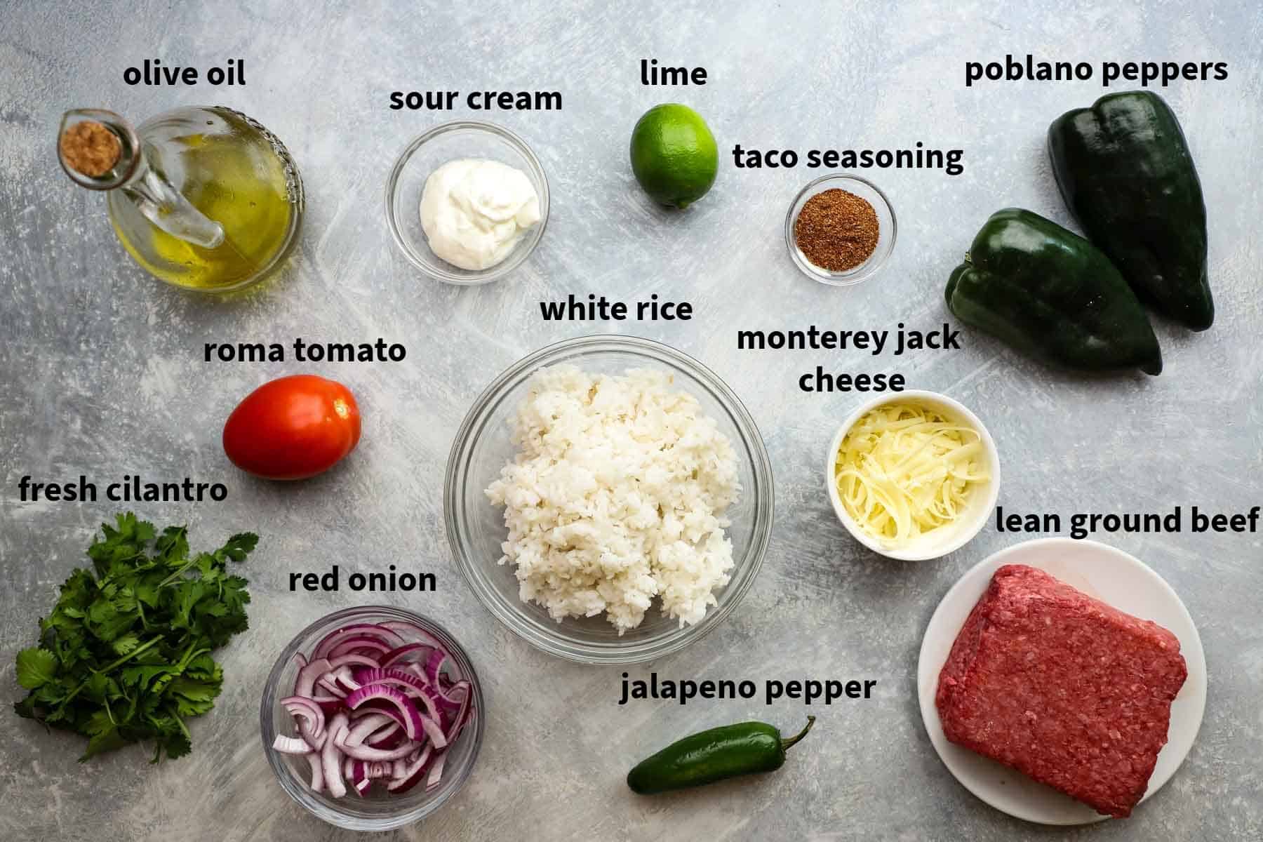 ingredients used to make taco rice bowls pictured and labelled
