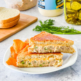tuna melt made with fresh dill and bread and butter pickles
