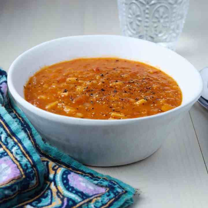 Photo of unblended soup in a bowl.