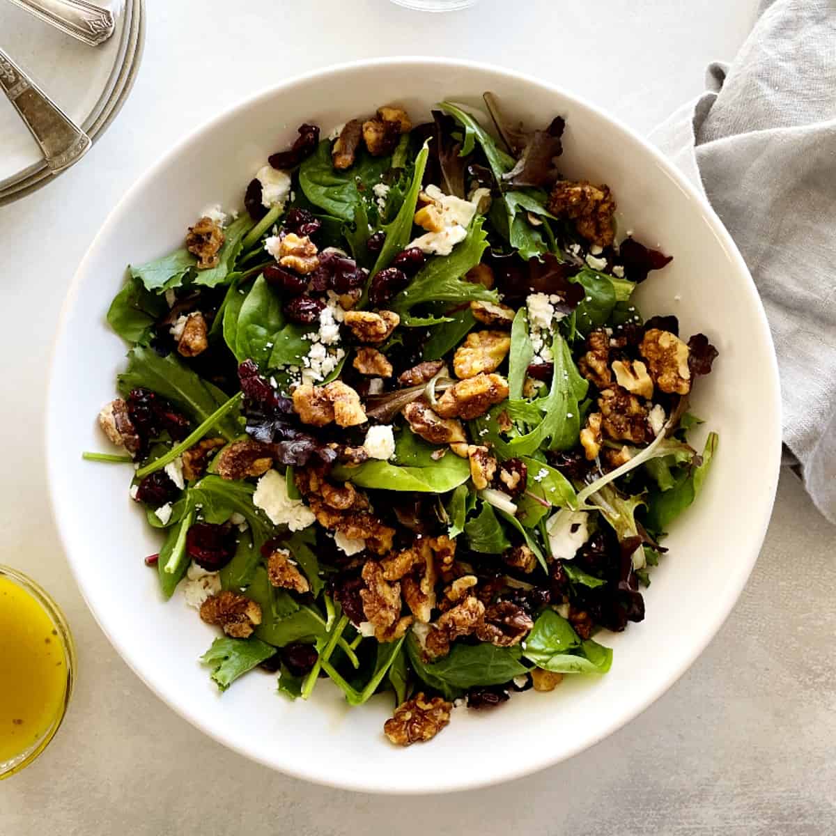 top view of walnut and cranberries salad