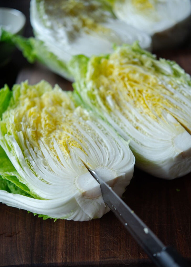 A knife slit on the stem of cabbage.