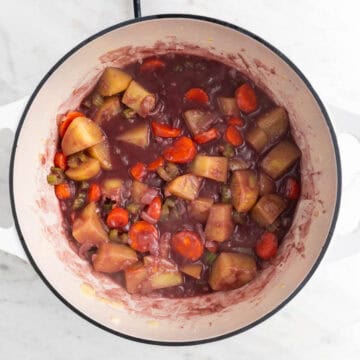 Vegetables sautéed in olive oil with flour and red wine added.