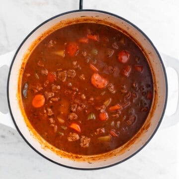 Vegan beef stew cooked before adding the peas.