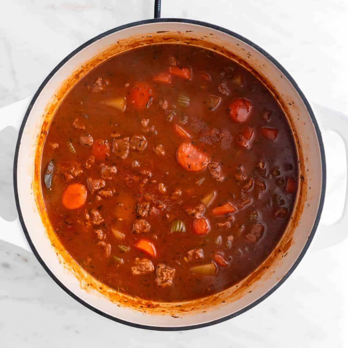 Vegan beef stew cooked before adding the peas.
