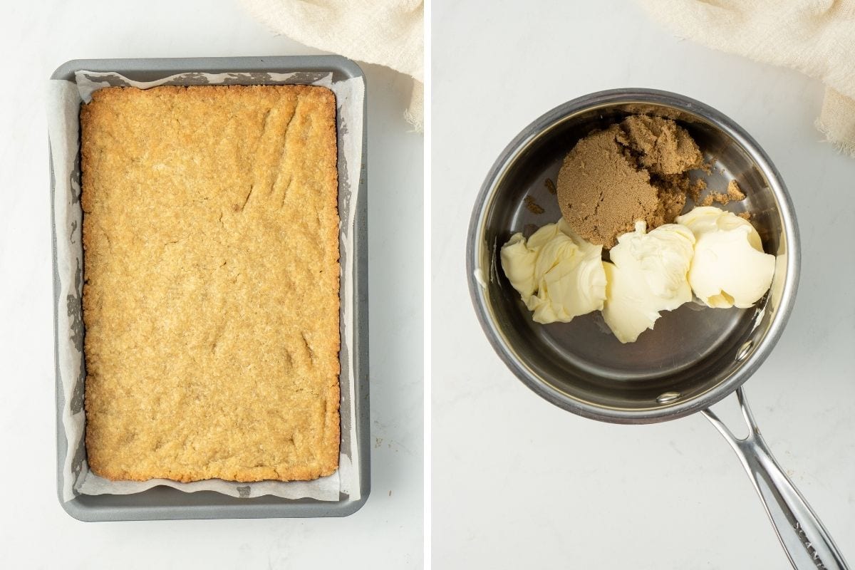 Cooked biscuit base in a slice tin and butter and sugar in a small silver saucepan.