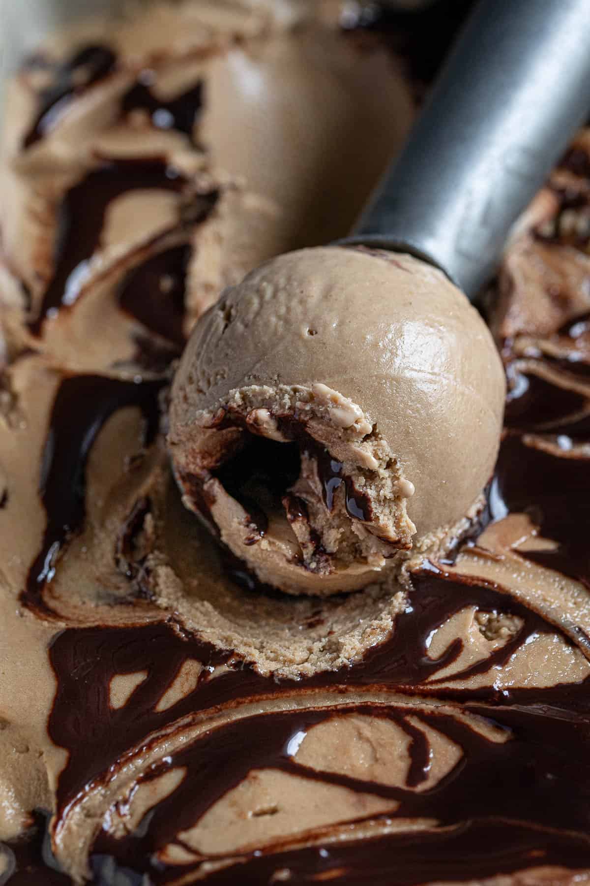 Close up of a scoop of coffee ice cream.