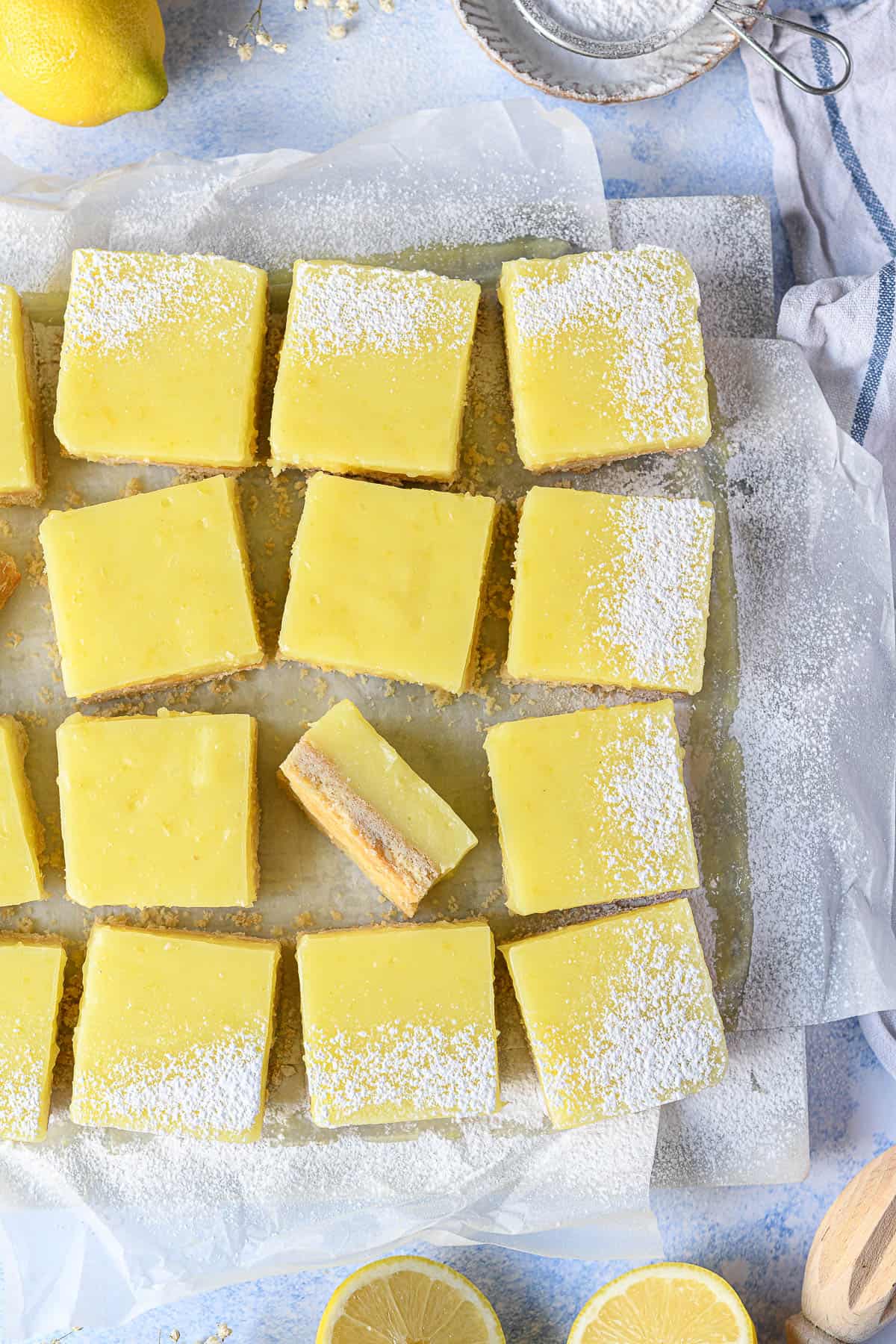 Close up of the sliced vegan lemon bars.