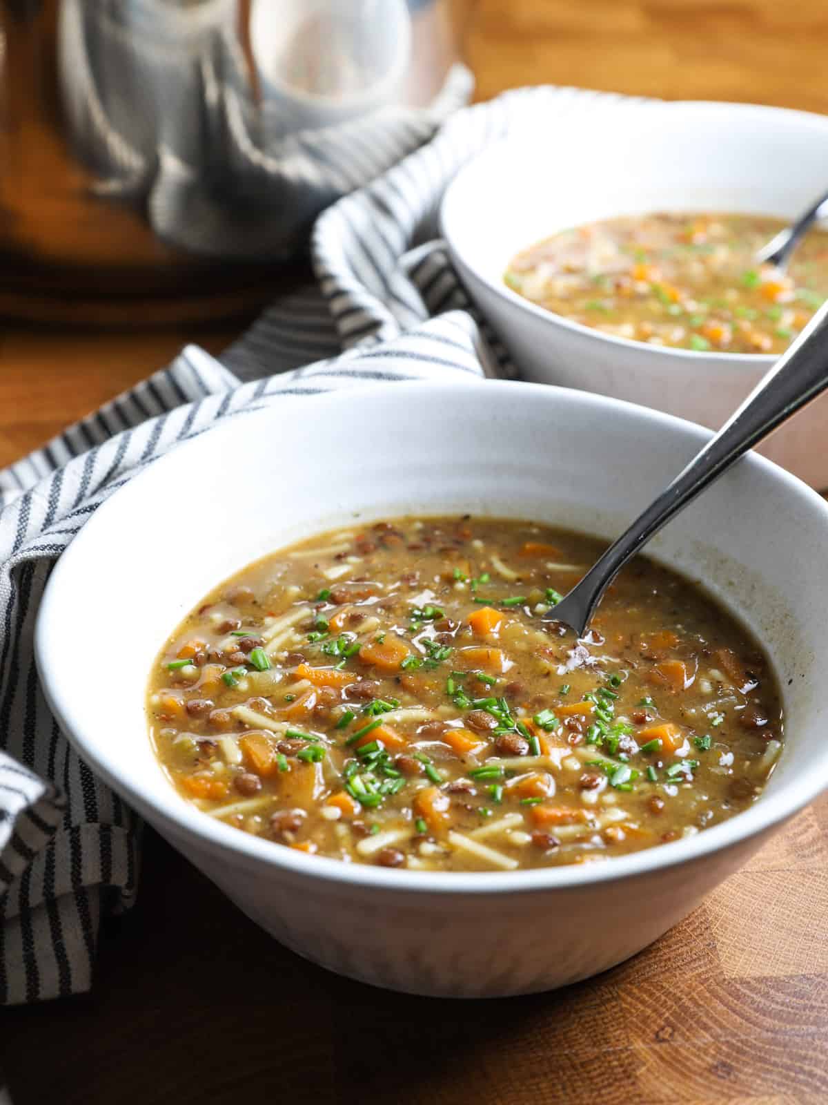 Photo showing a bowl of veggie noodle soup in the foreground with another bowl behind and the pot in the background.