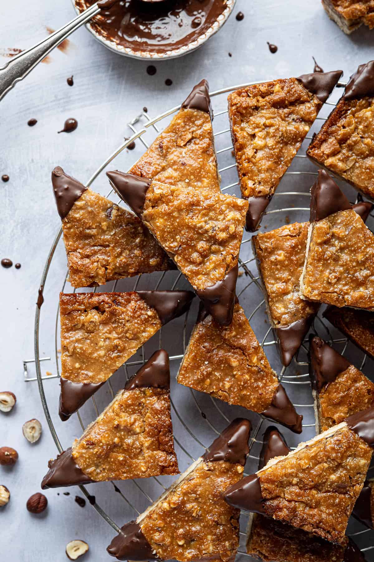 Close up of vegan nussecken on a wire rack.