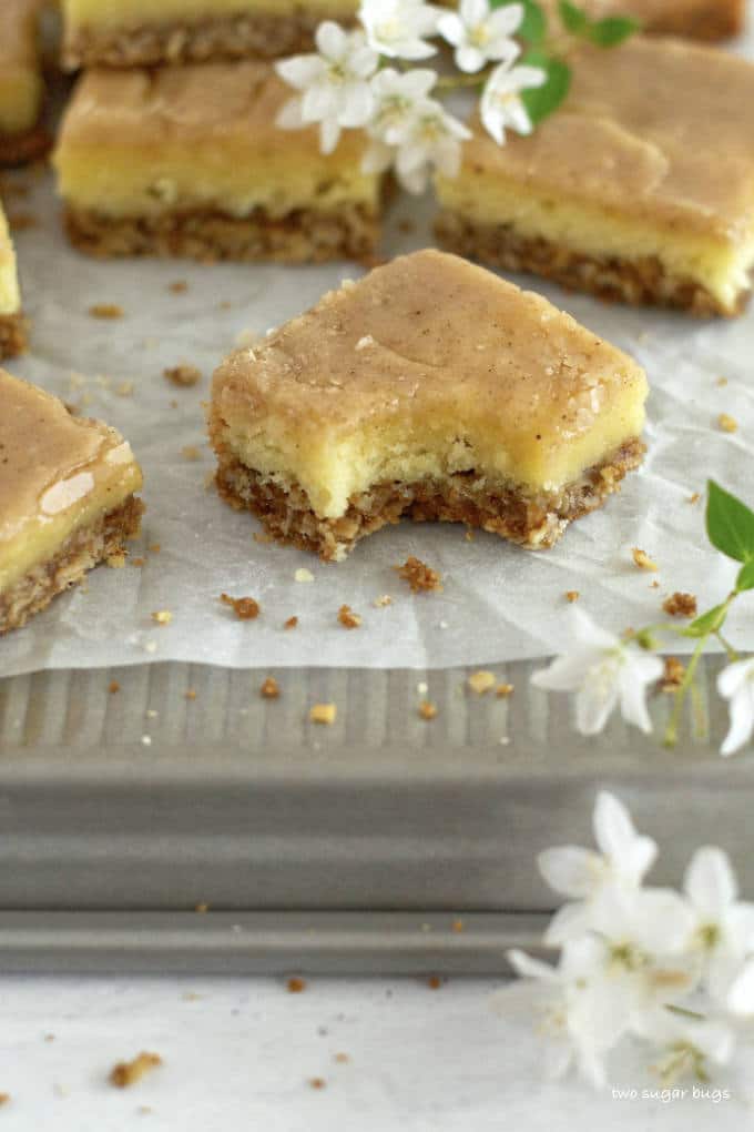 oat bottom white chocolate chai brownie with a bite missing