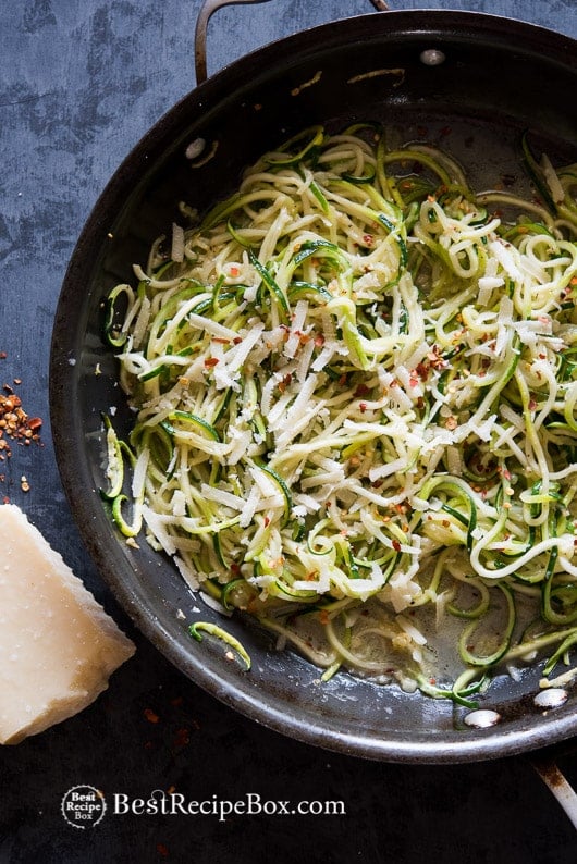 Zucchini Noodle Recipe with Garlic, Butter and Parmesan Cheese in cooking pan